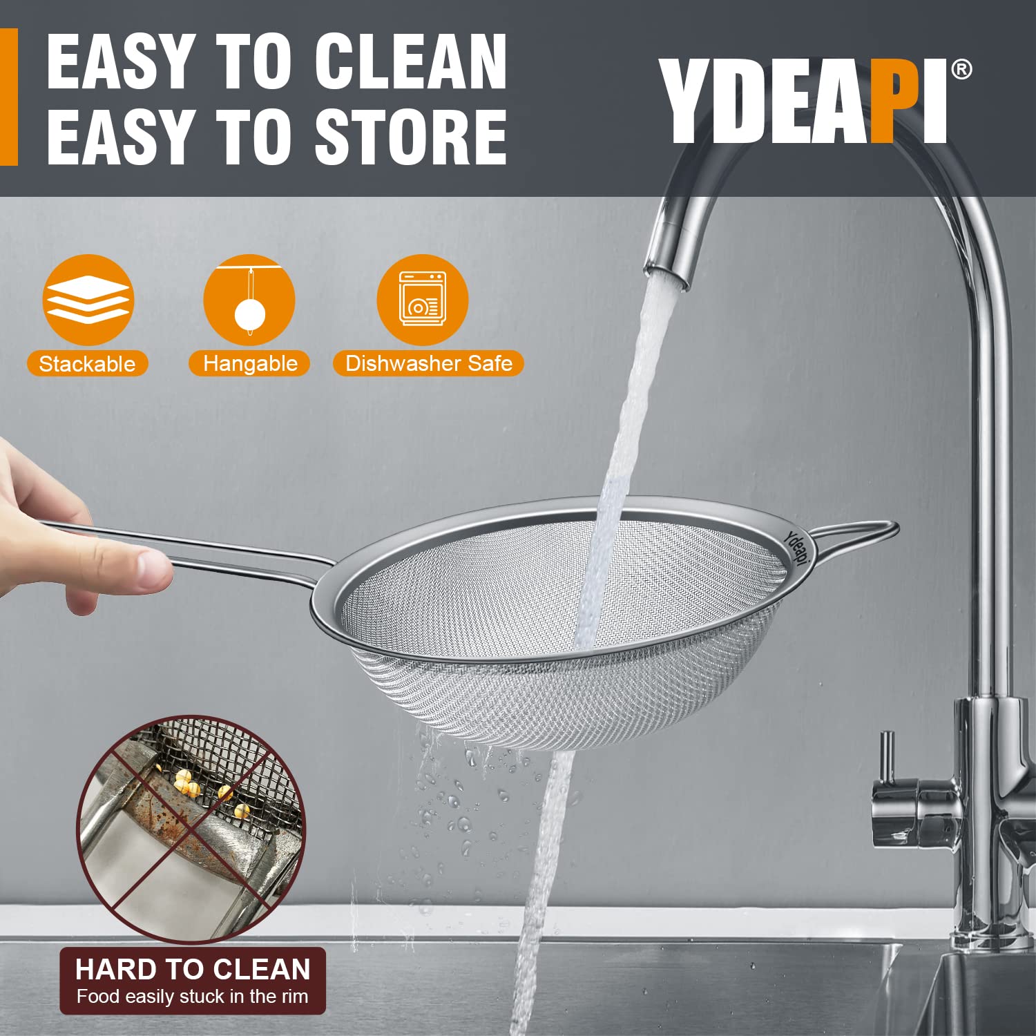 Ydeapi multi-purpose kitchen sieve for straining, rinsing, and sifting.