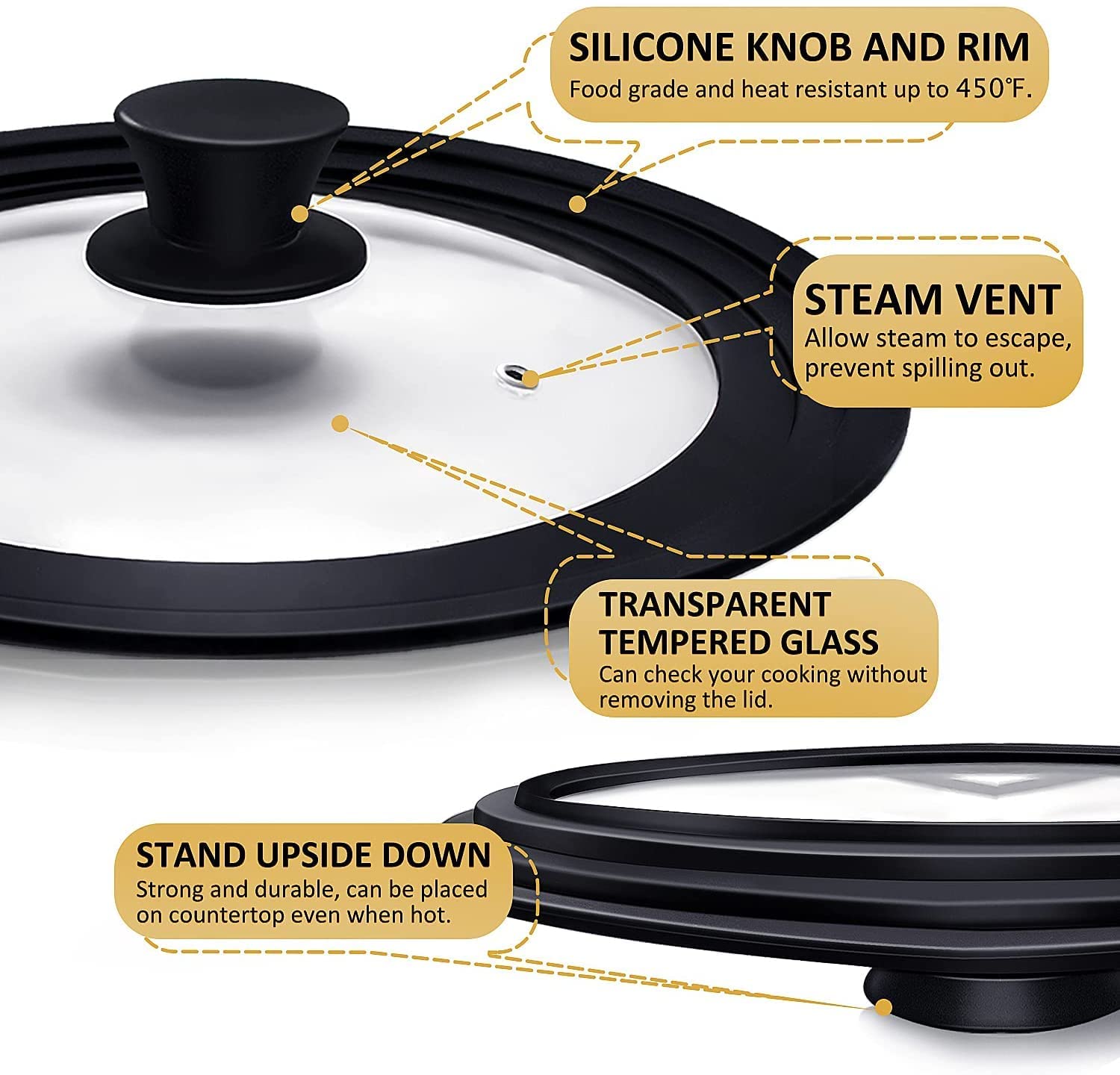 Ydeapi steam vent design prevents spills during sautéing and simmering.
