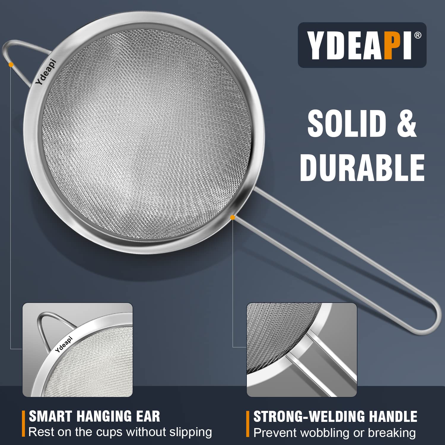 Ydeapi strainer with ear enables hands-free resting on cups
