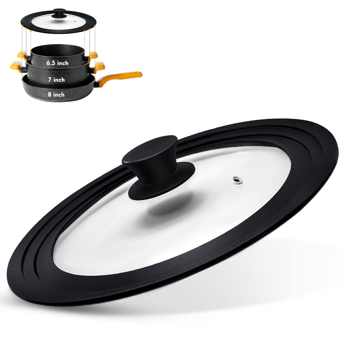Ydeapi universal lid on a 6.5-inch pan, showing versatile fit for a compact kitchen