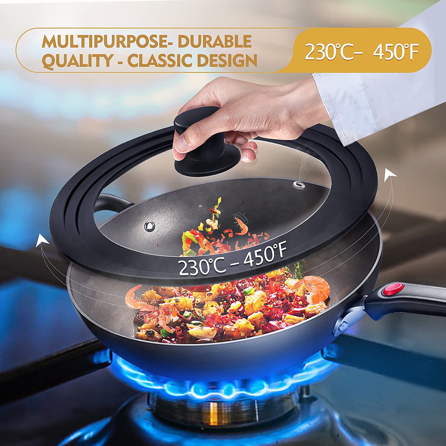Ydeapi lid with heat-resistant silicone rim reduces risk of burns