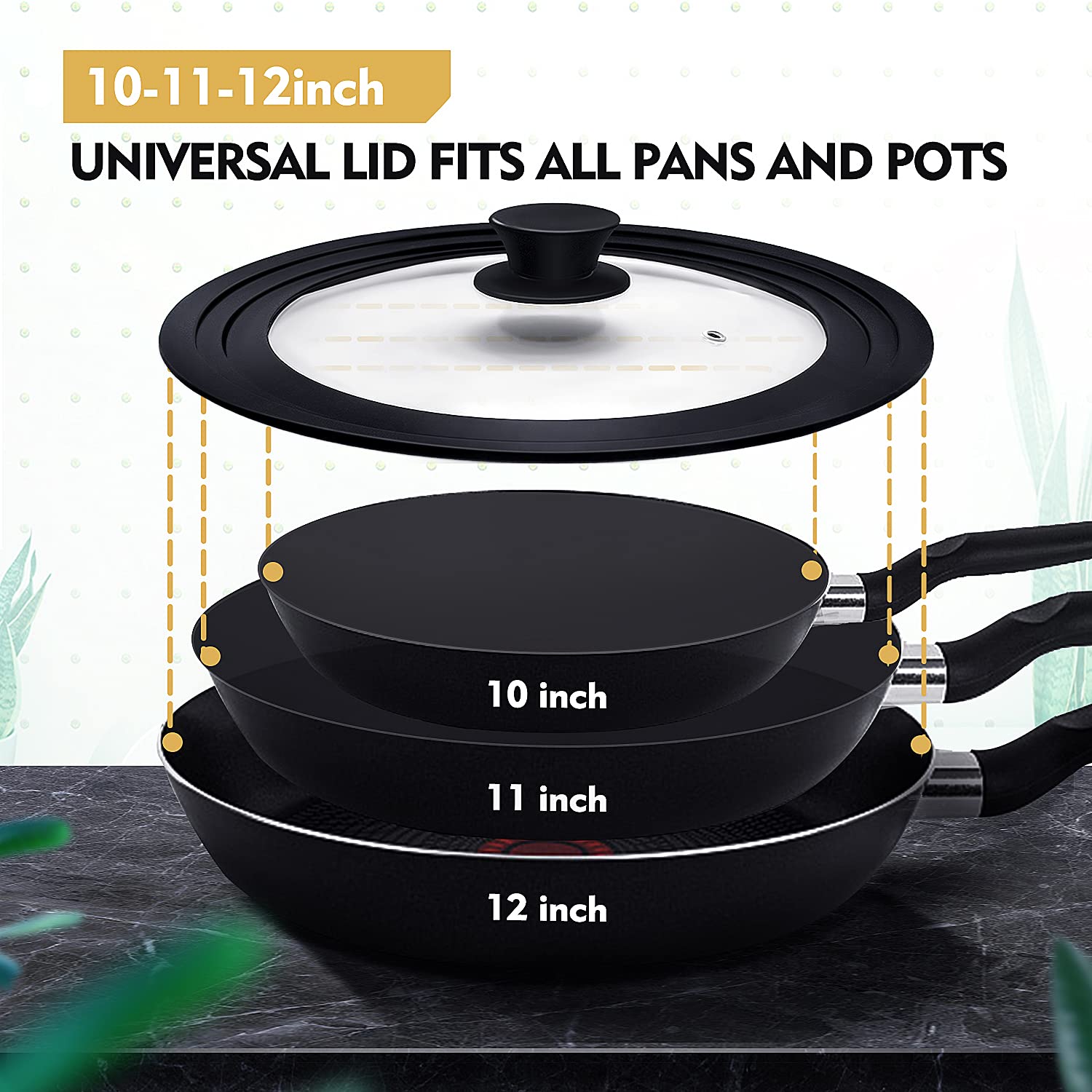 Ydeapi universal lid with silicone rim resists heat and protects cookware.