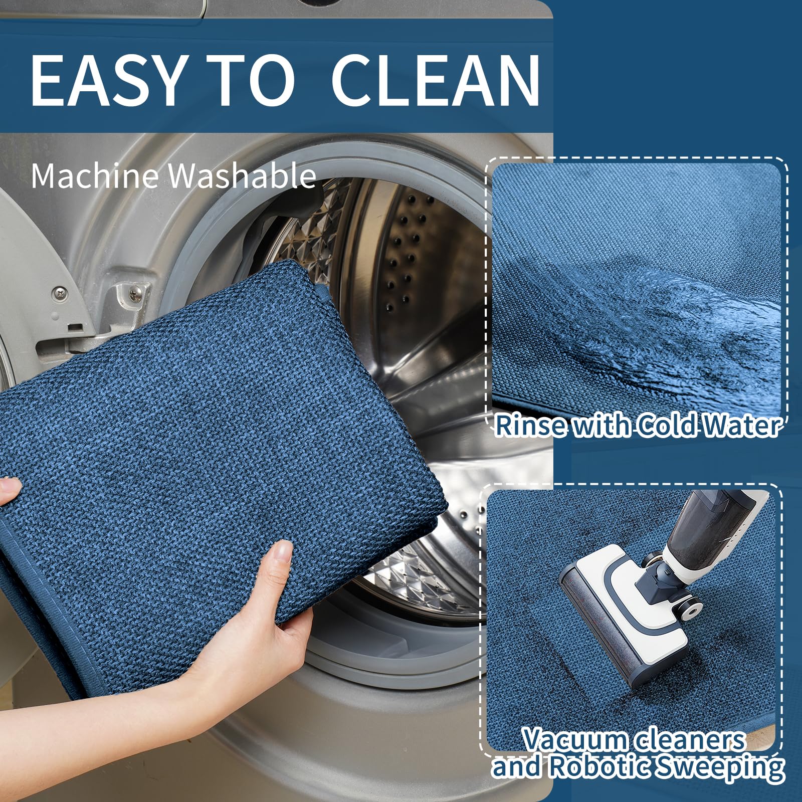 YDKGL blue washable kitchen mat showing durable surface after cleaning