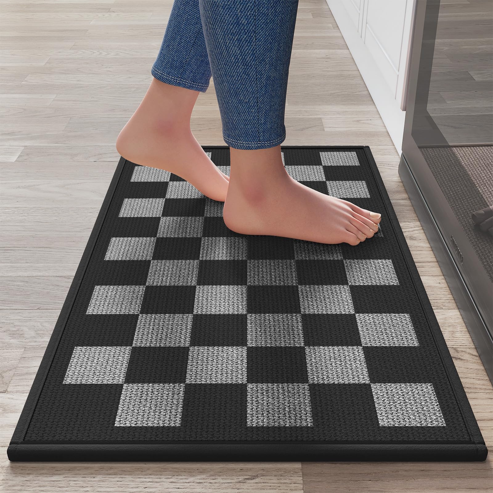YDKGL kitchen mat with non-slip bottom dots secures your footing on dry floors.