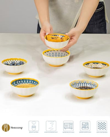 Yeacccng bowls shown with cereals and dessert portions on bright table.