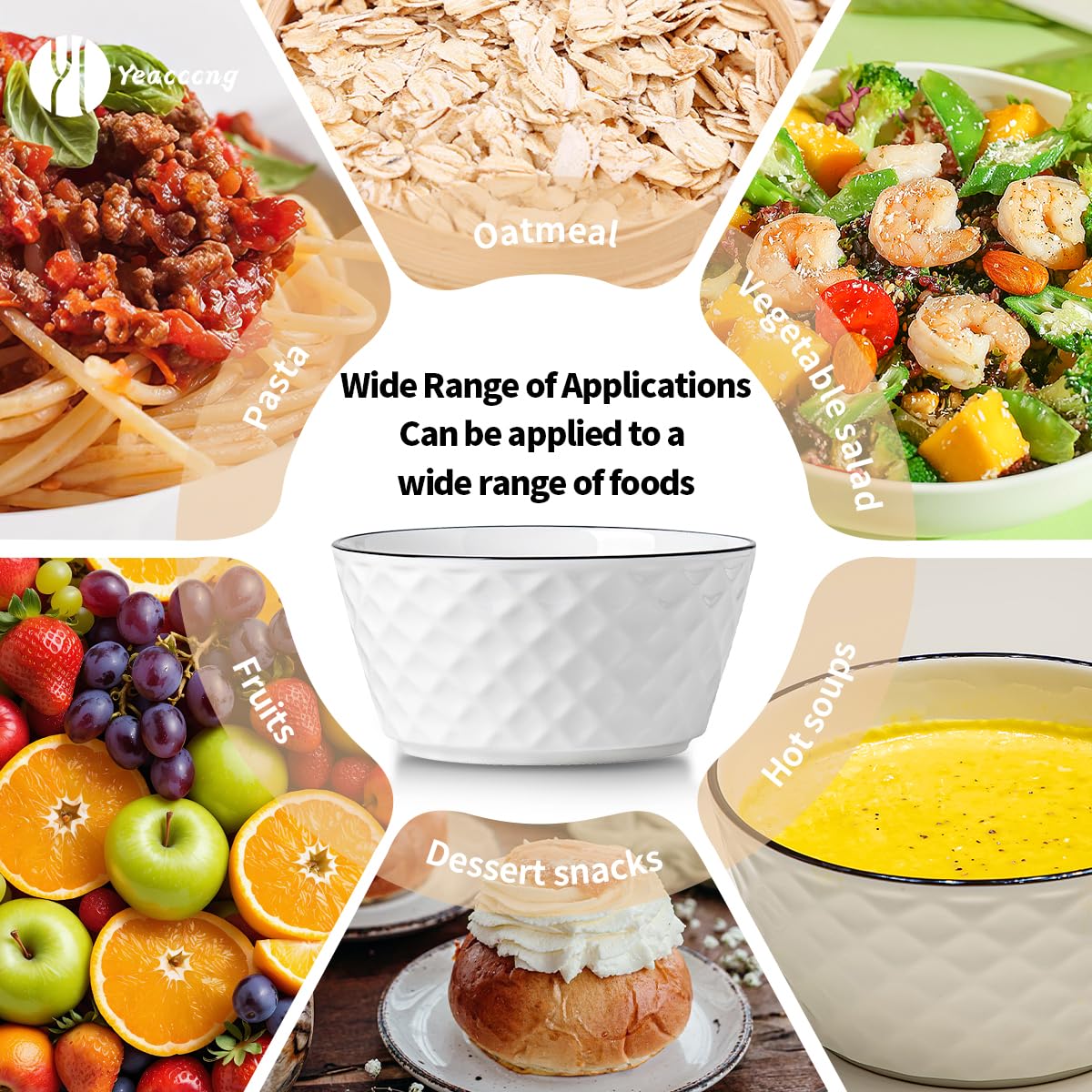 Yeacccng white 30oz bowls ideal for soups, cereals, and salads.