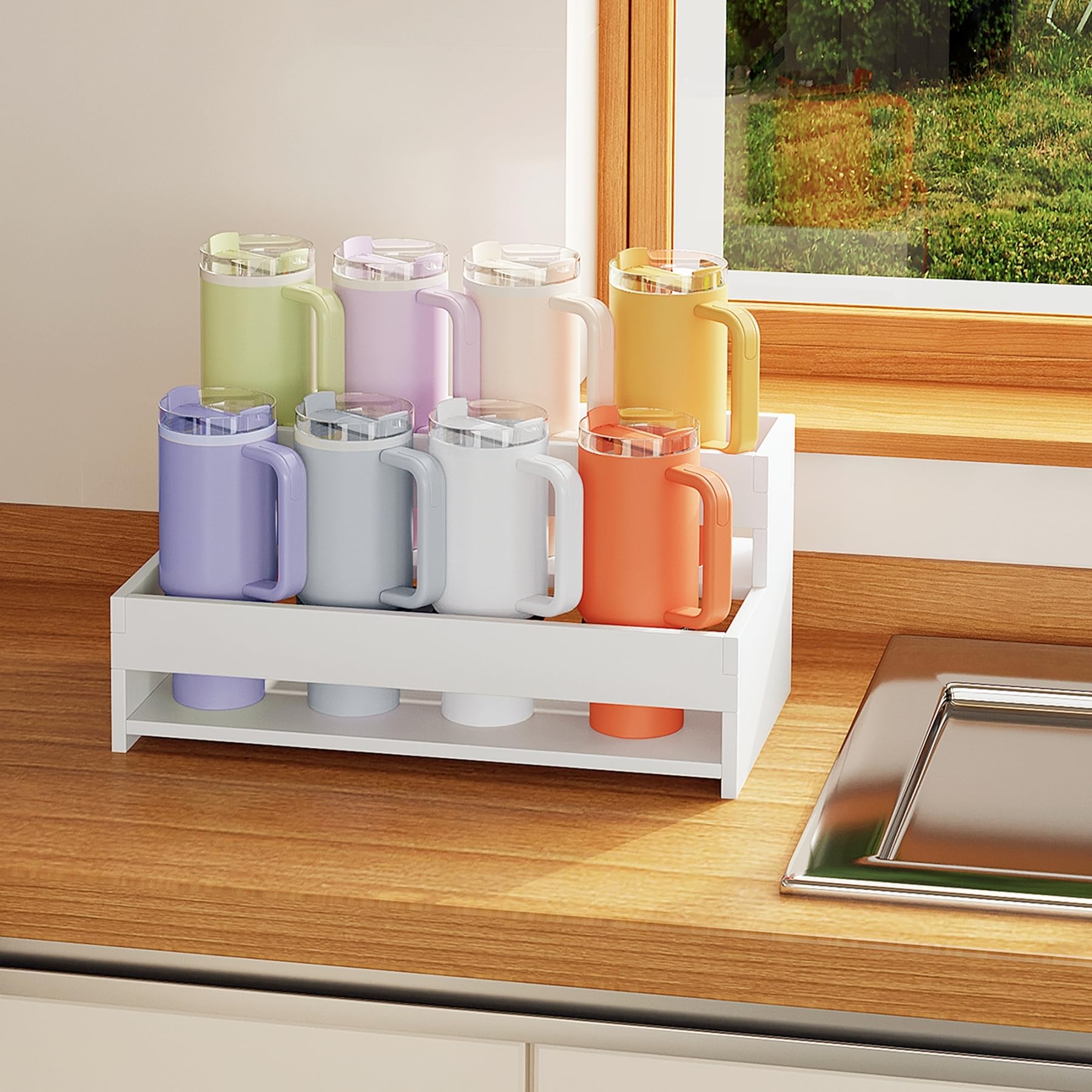 yeavs water bottle organizer vertical stack display demonstrates efficient shelf use