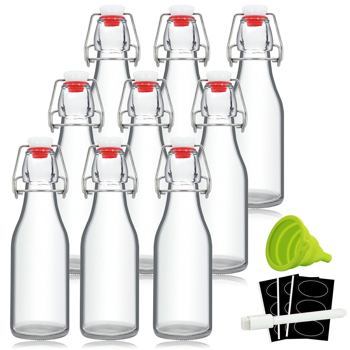 YEBODA 8oz swing-top bottle clear glass with airtight seal for fresh beverages.