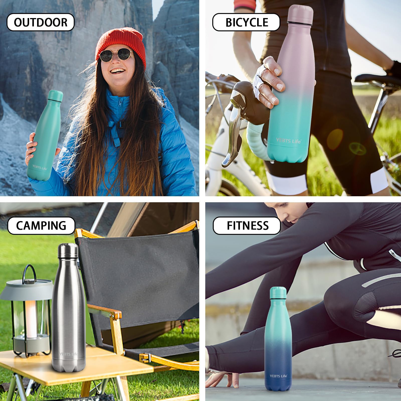 Vacuum insulation on YEBTS Life bottle keeps drinks cold for 24 hours and hot for 12 hours.