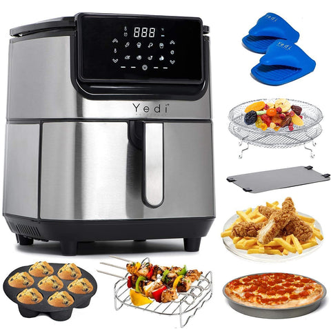 Yedi Evolution air fryer front view with 360° stainless finish and intuitive controls.