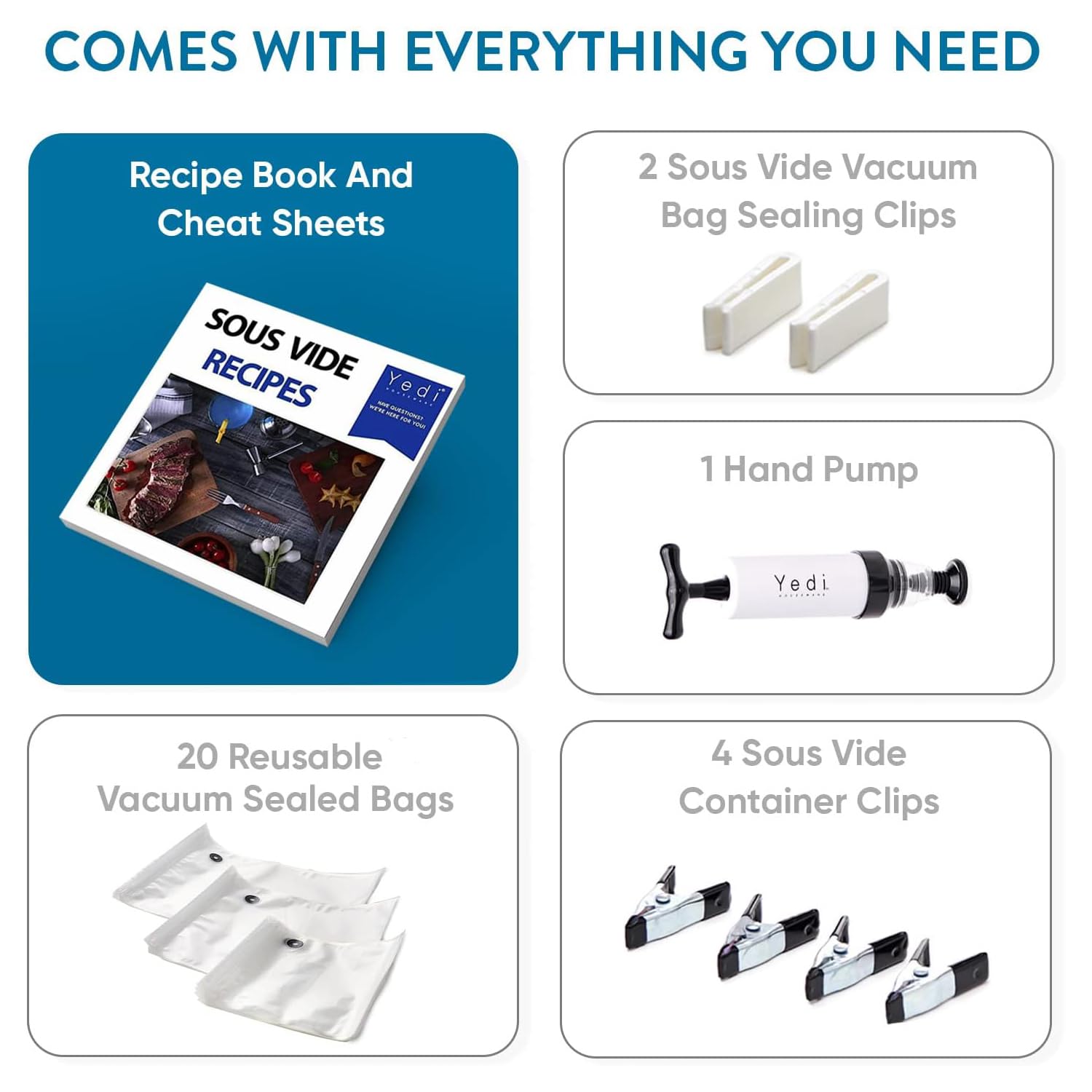 Deluxe Accessory Kit includes pump, bags, and clips for ready sous vide prep