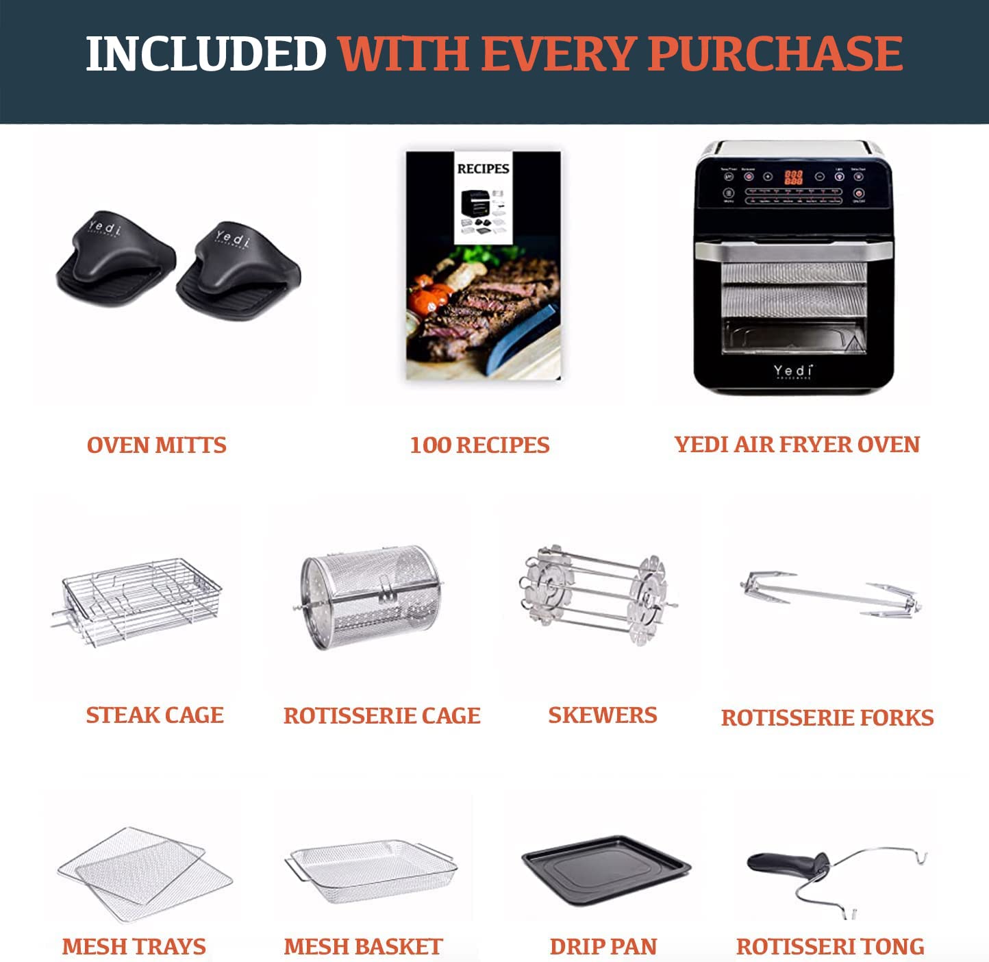 Yedi Total Package rotisserie assembly enables even roasting of chicken and kebabs.