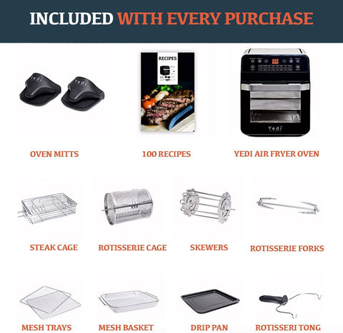 Yedi Total Package rotisserie assembly enables even roasting of chicken and kebabs.