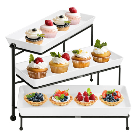 Yedio 3-tiered serving stand with white platters for an elegant party display