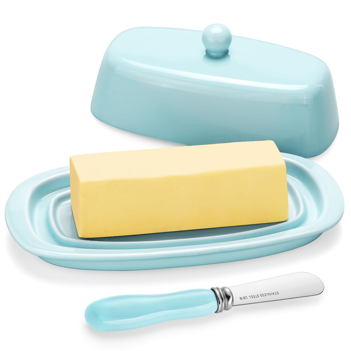 Yedio butter dish with turquoise lid on a counter keeps butter fresh