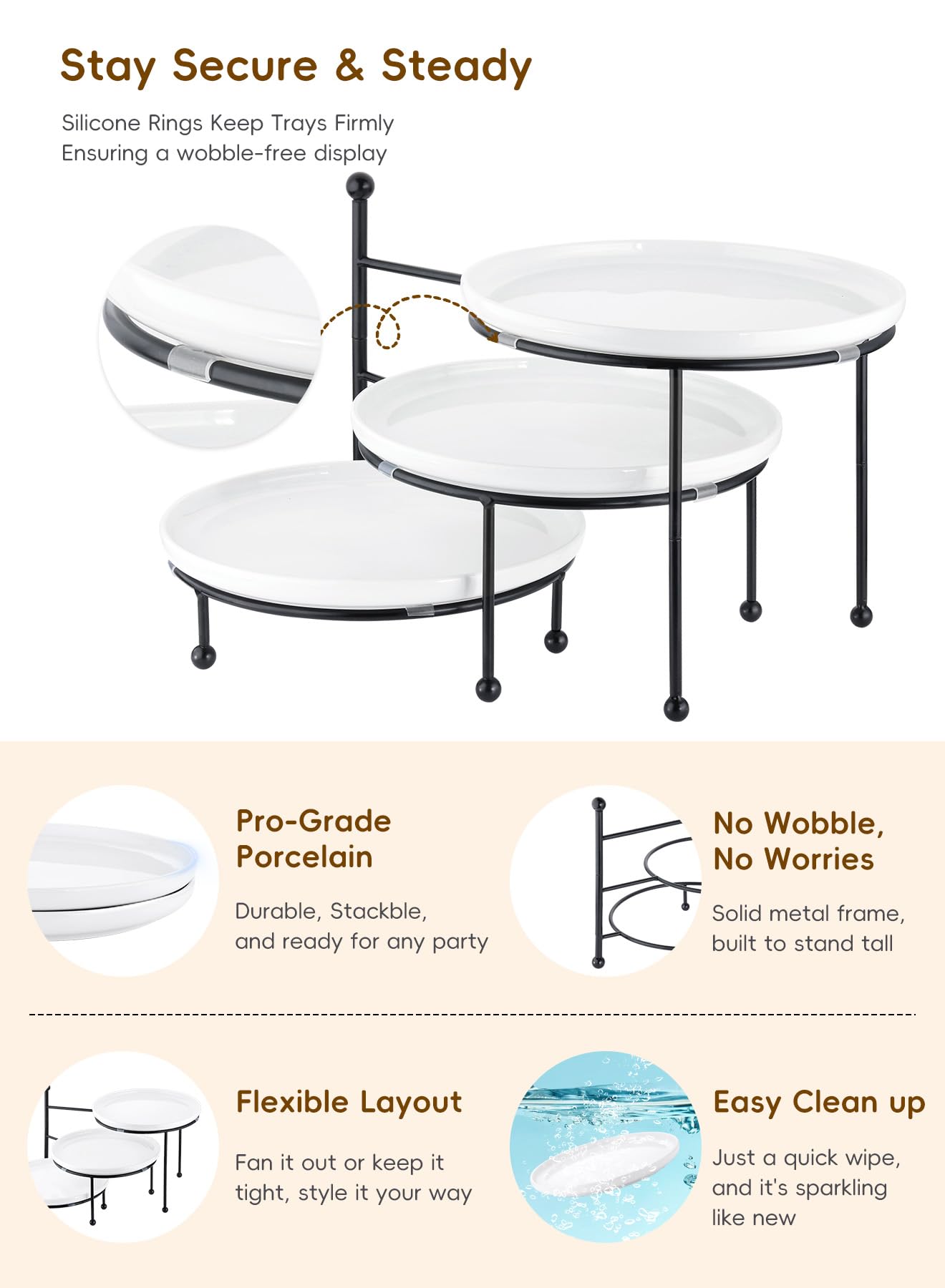 Yedio triple-tier display with flared rims to minimize spills
