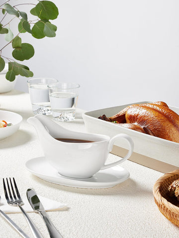 Yedio ceramic gravy boat with saucer tray on a holiday table
