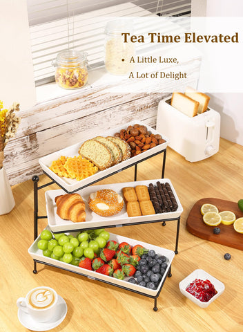 Yedio three trays holding desserts, fruits, and small bites