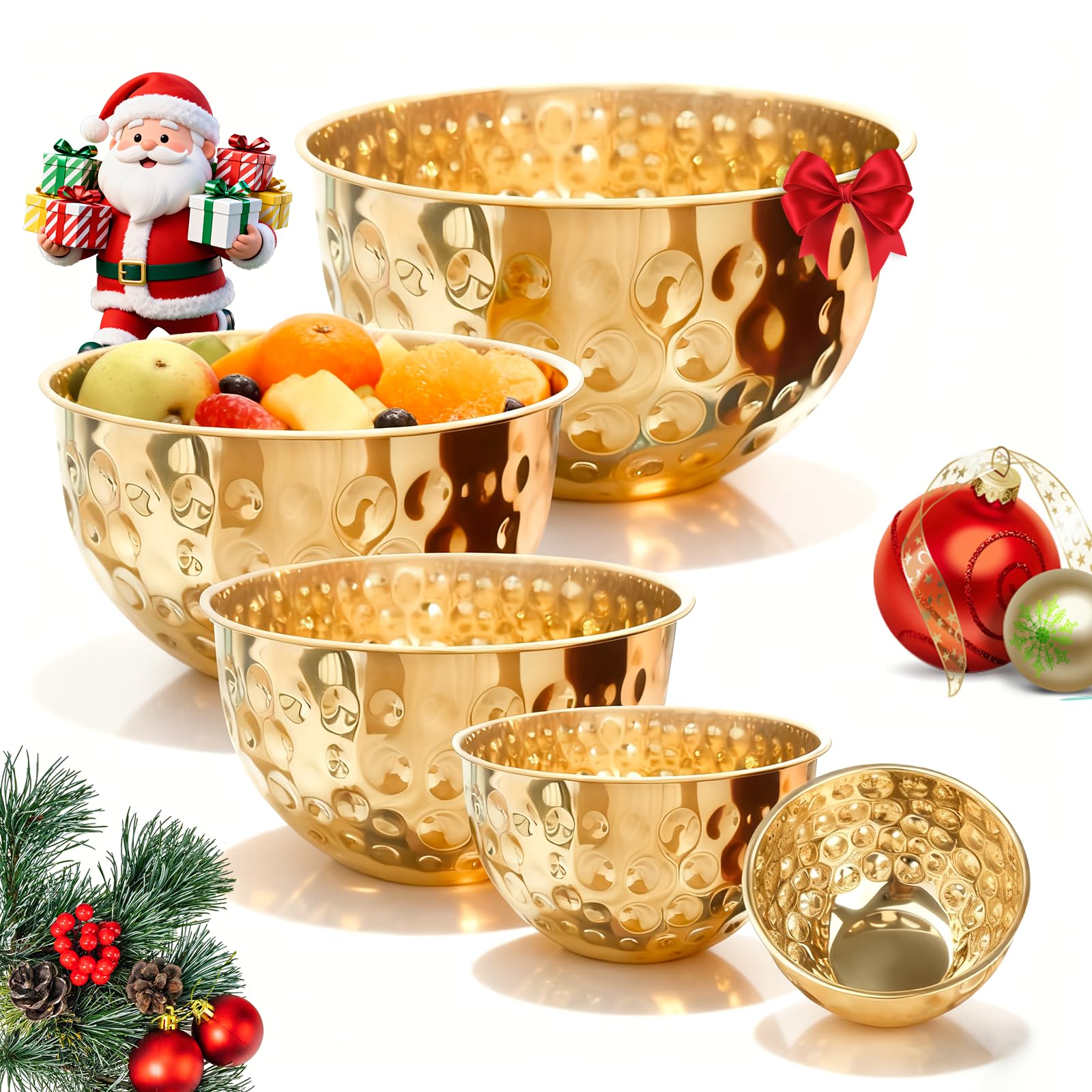 YEJZXY hammered gold mixing bowls set showing nesting design for space-saving storage