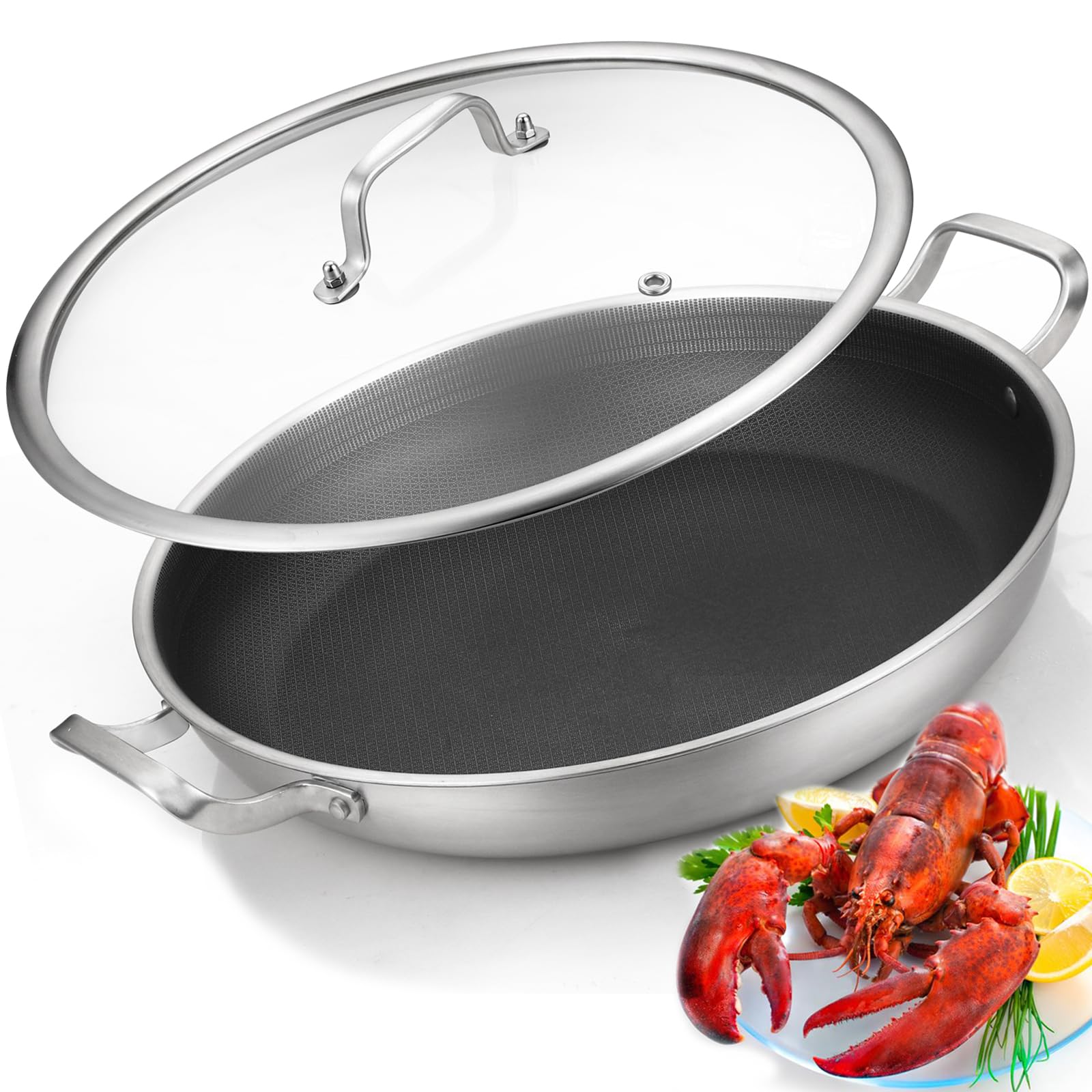 Yeksum Tri-Ply Paella Pan with lid showing even heat for outdoor paella cooking