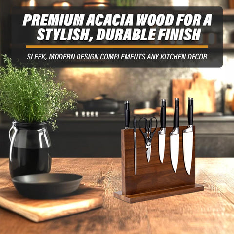 YelloIris acacia wood construction blends with neutral kitchens while keeping blades protected.