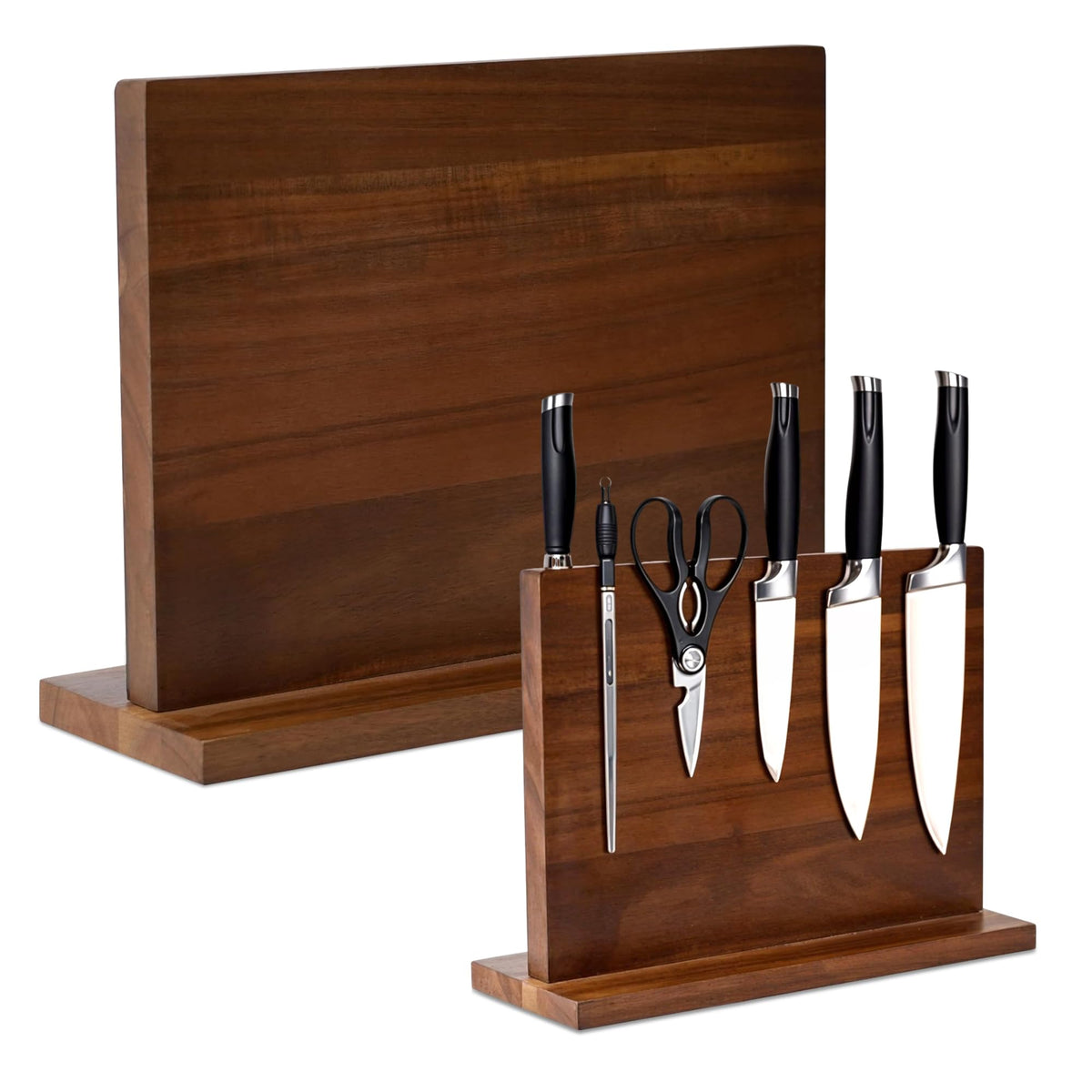 YelloIris wooden magnetic knife holder with dual-side stand for quick, secure knife access.