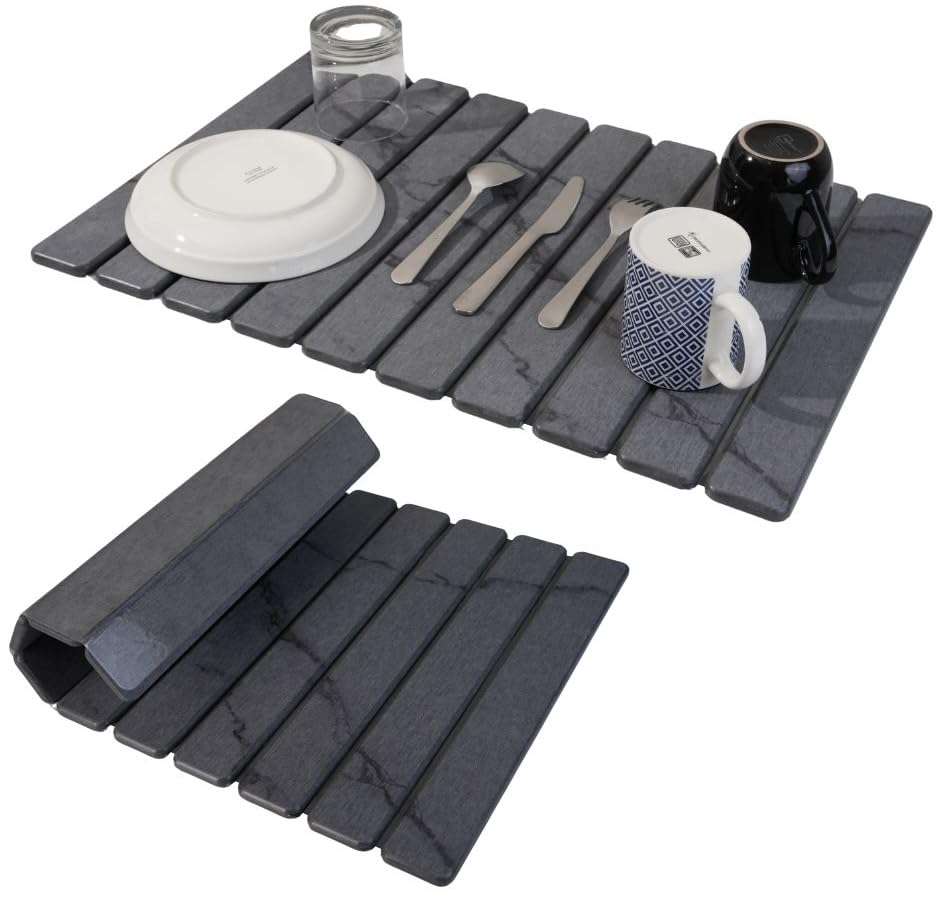 Yenyra stone drying mat on kitchen counter, dark gray finish; absorbs water quickly.