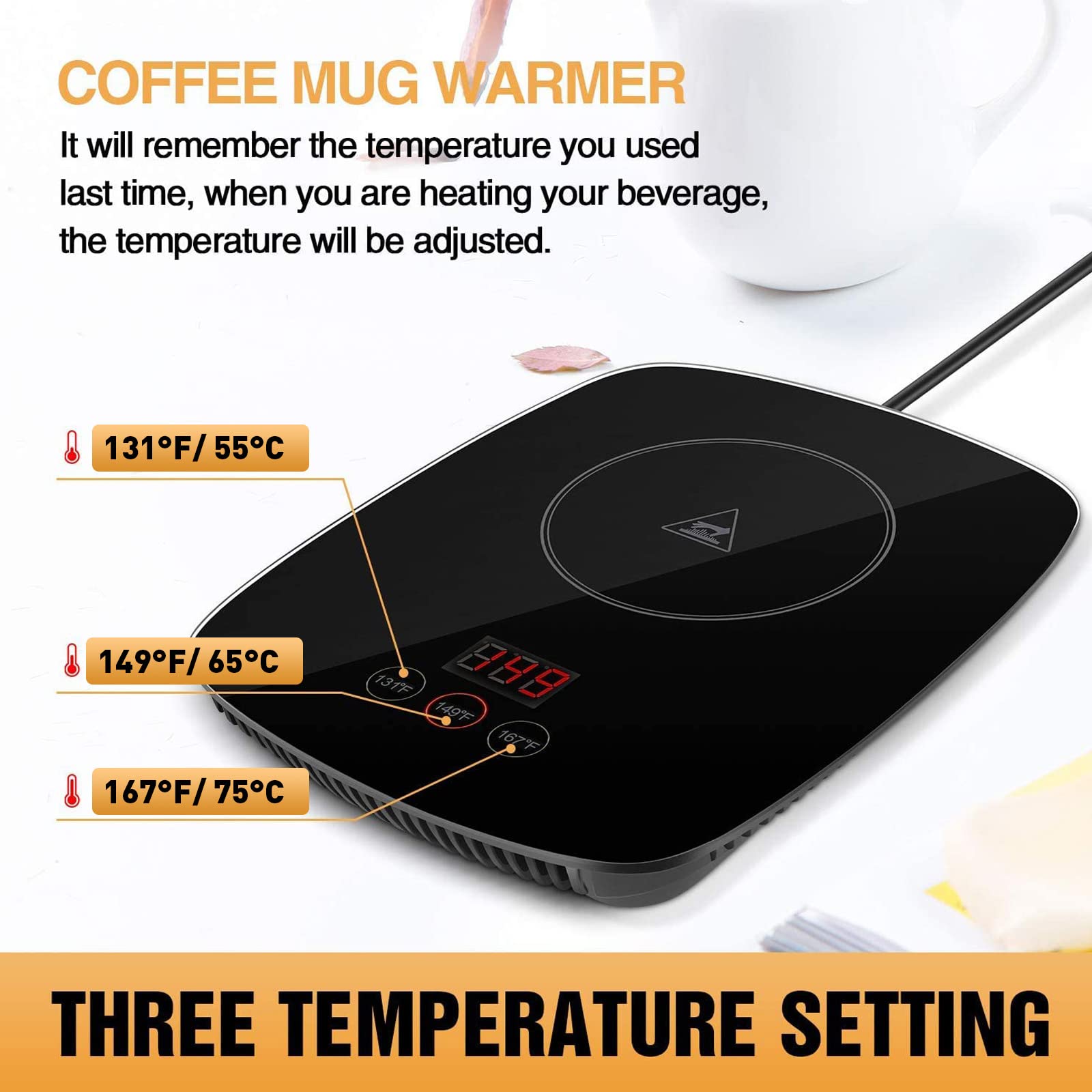 YEOSEN coffee mug warmer temperature settings show adjustable heat for coffee, tea.