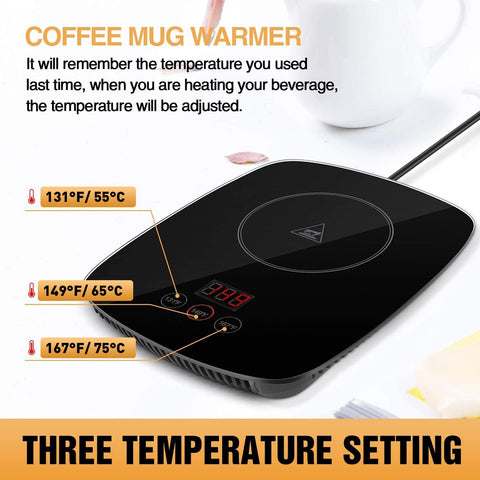 YEOSEN coffee mug warmer temperature settings show adjustable heat for coffee, tea.