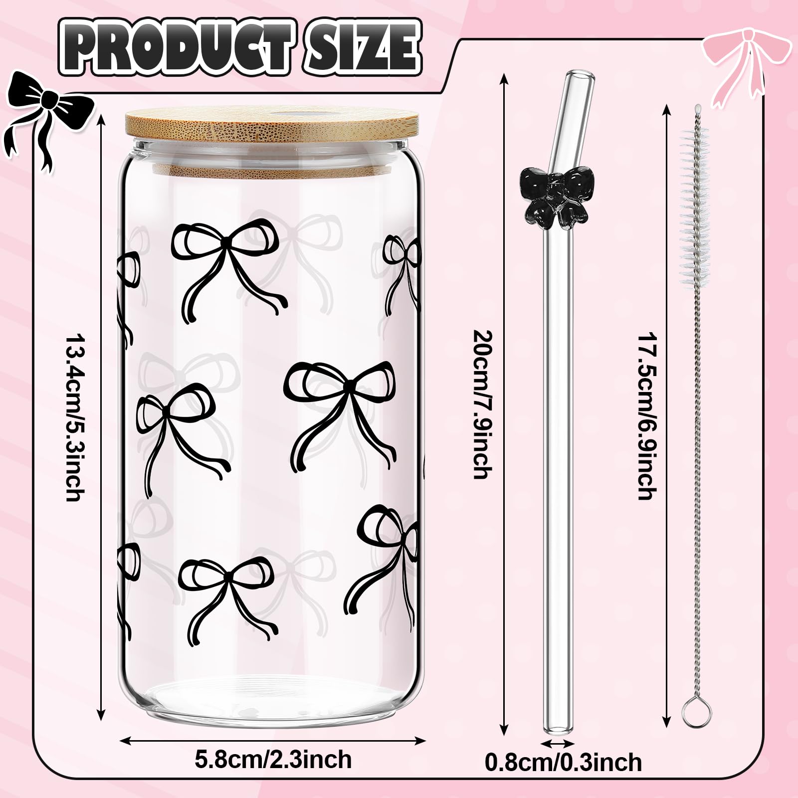 Yetene black bow design glass cup with bamboo lid ideal for on-the-go