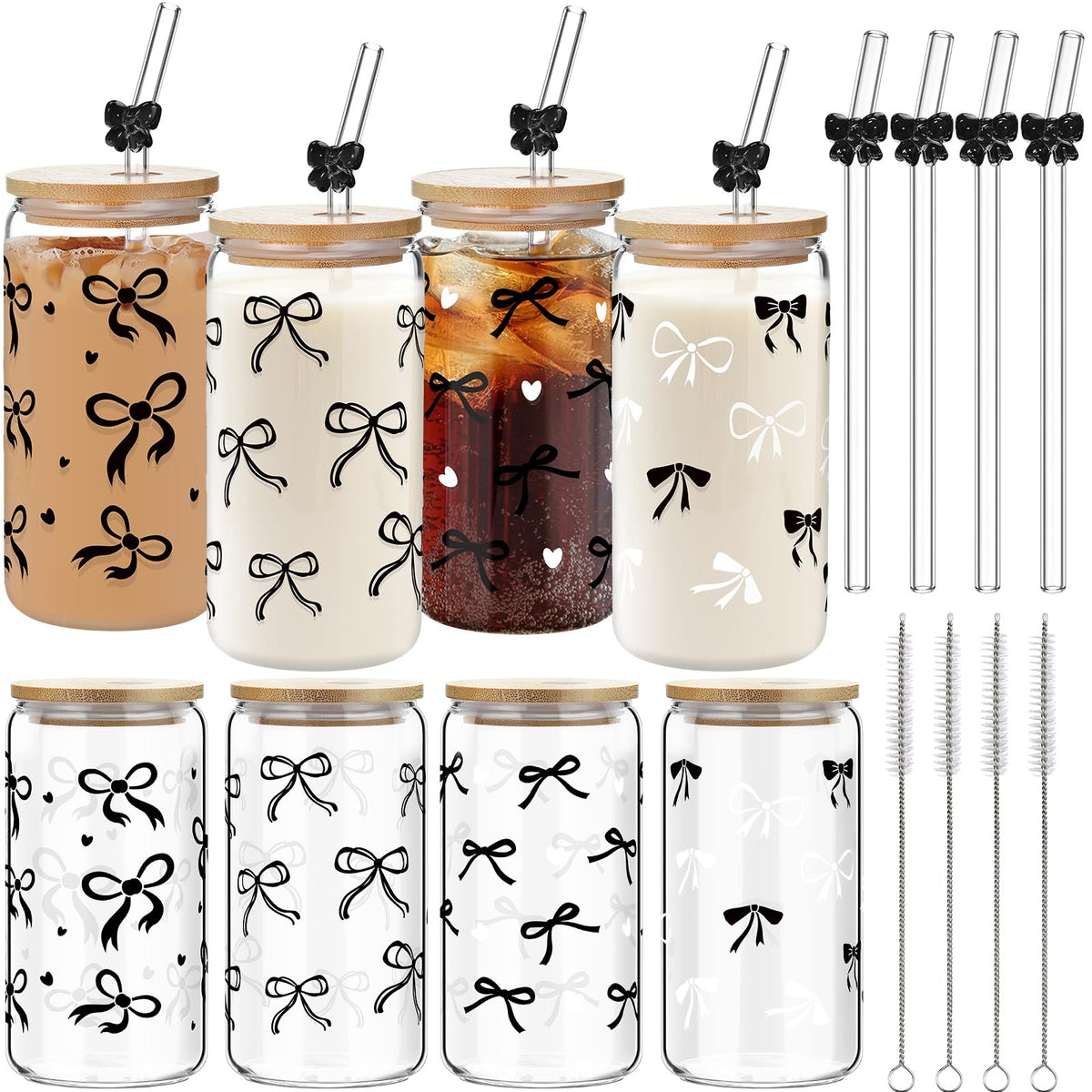 Yetene coquette bows glass cups 16oz with lids and straws for stylish beverages