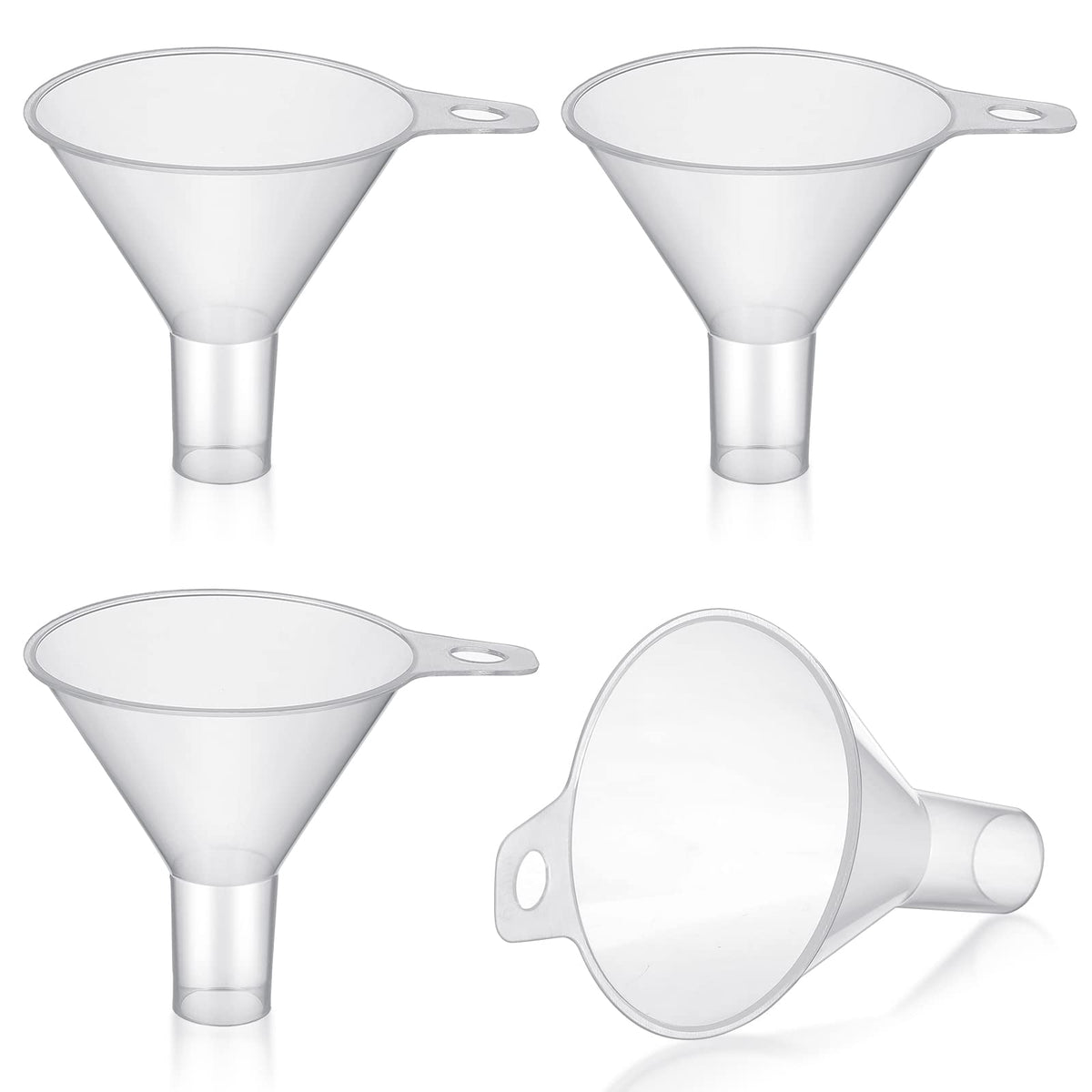 Yetene four-pack small plastic funnels with wide mouths for spill-free pouring