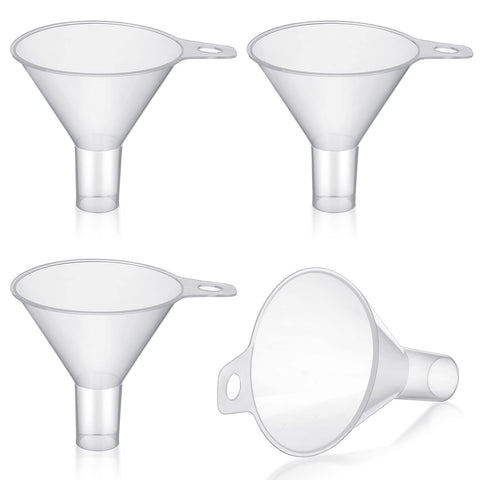 Yetene four-pack small plastic funnels with wide mouths for spill-free pouring
