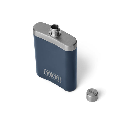 YETI 7 oz navy flask side view, portable hydration for adventures