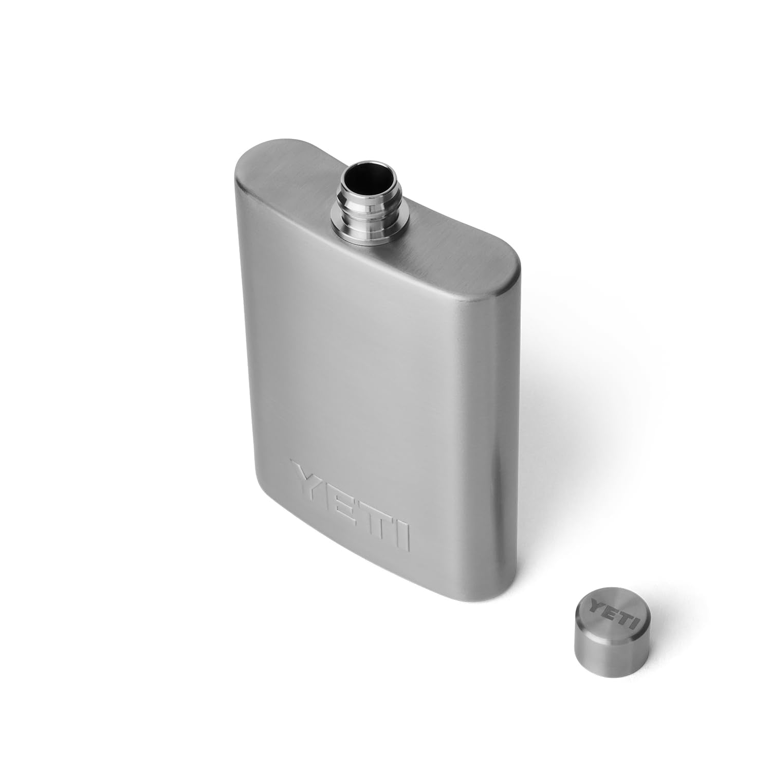 YETI 7 oz stainless flask front view showing compact, portable design for easy carry.