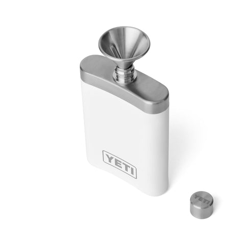 YETI 7 oz flask white stainless steel close-up details rust resistance