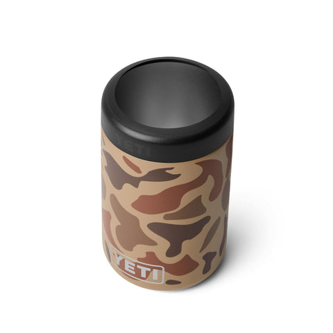 YETI Colster 12oz Wetlands Camo front view shows secure fit for standard cans