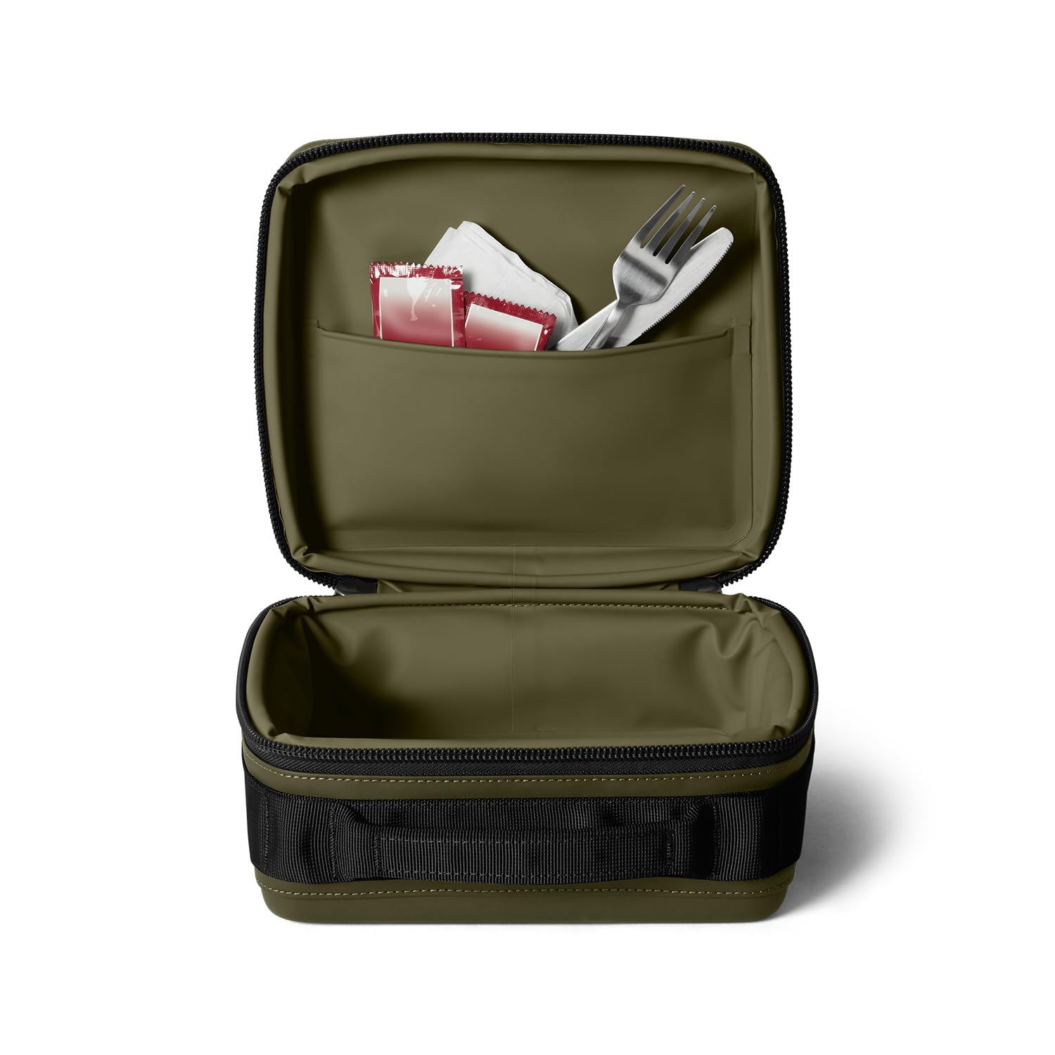 Inside view of YETI Daytrip 3L olive cooler with organized pockets