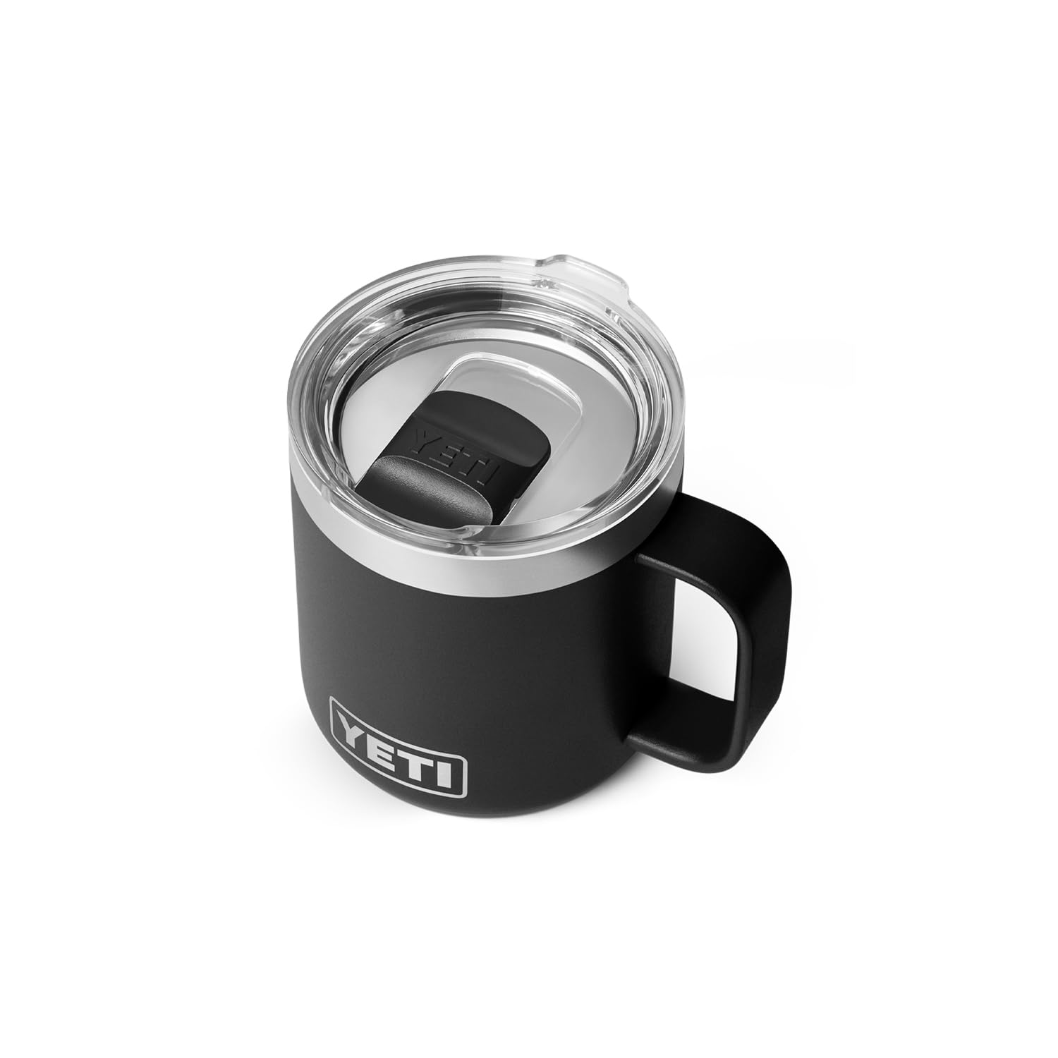 YETI Rambler 10oz ceramic-lined stackable mug front view showing compact desk-ready design.