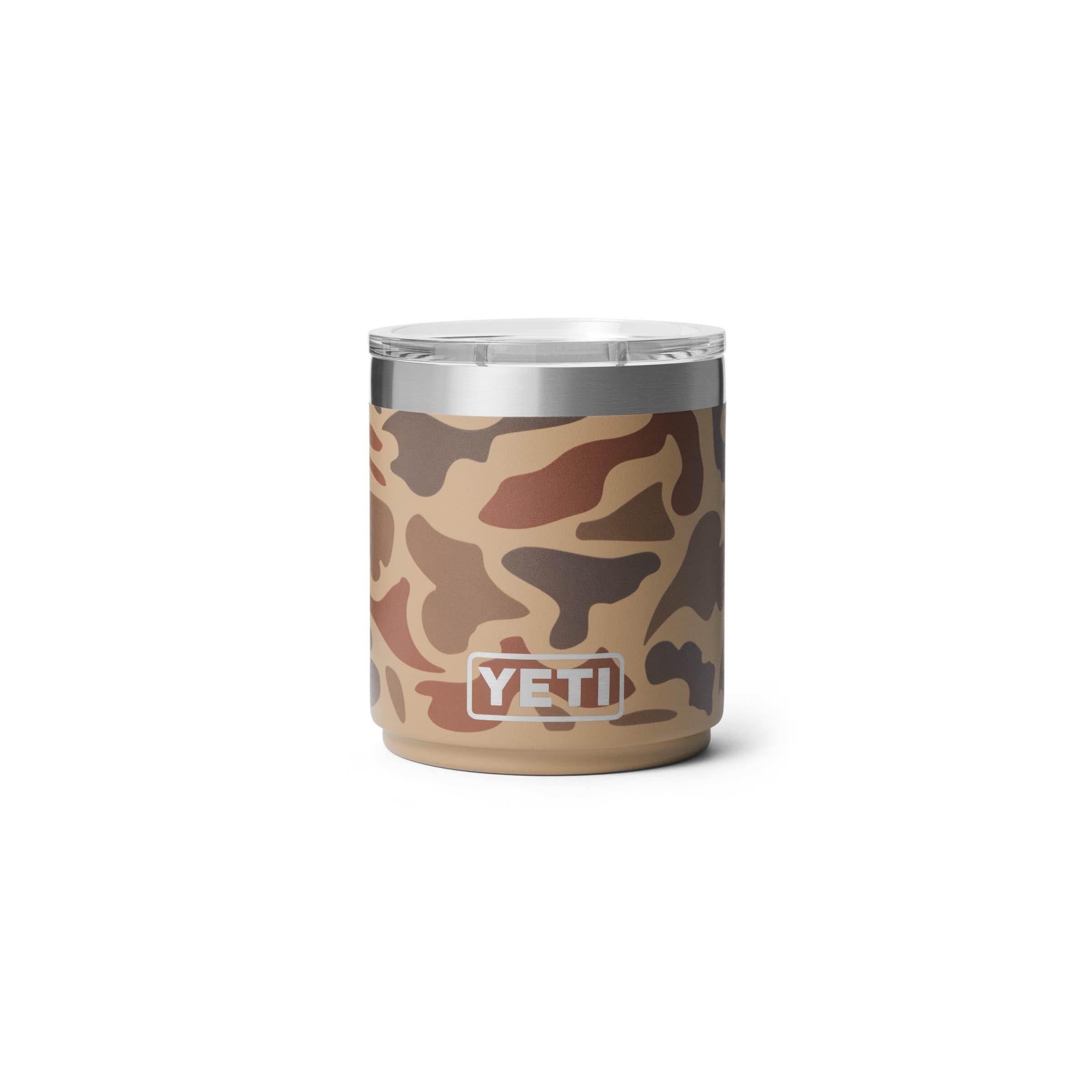 YETI Rambler 10 oz Lowball 2.0 in Wetlands Camo front view, compact stackable design.