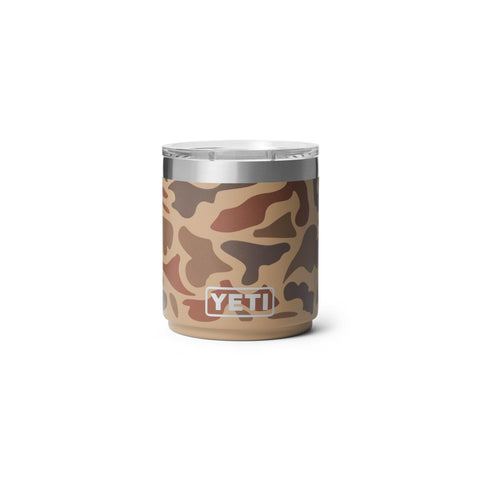 YETI Rambler 10 oz Lowball 2.0 in Wetlands Camo front view, compact stackable design.