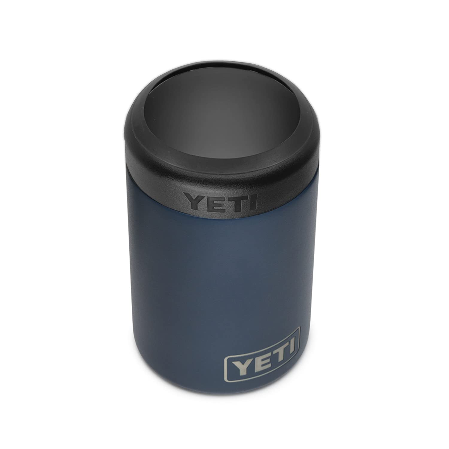 YETI Colster navy front view highlights durable steel and rugged finish for standard cans