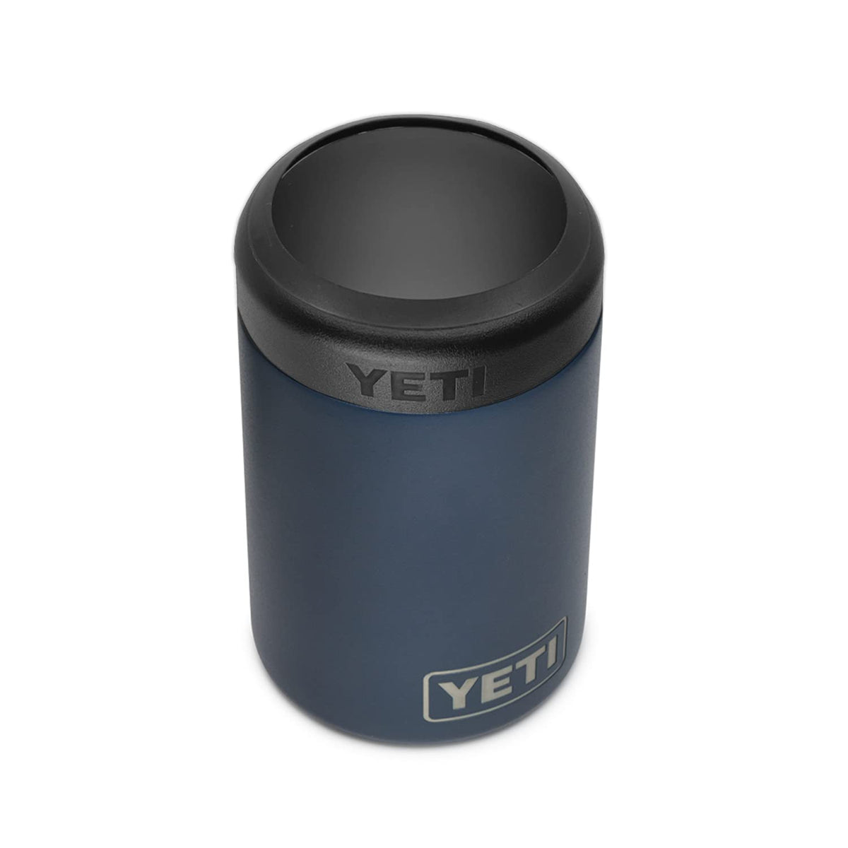 YETI Colster navy front view highlights durable steel and rugged finish for standard cans