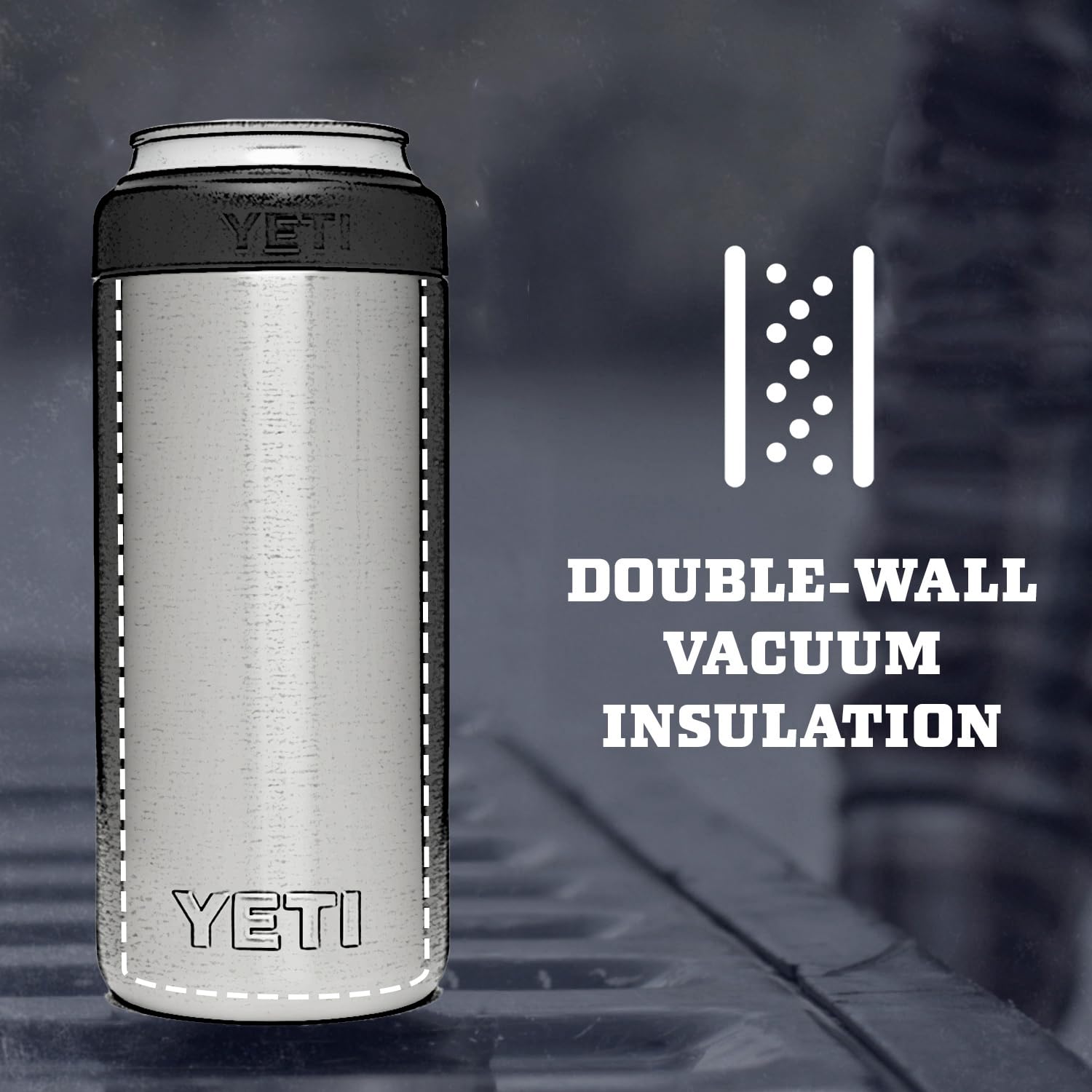 YETI Rambler Slim Colster Rescue Red on the beach with cold slim cans