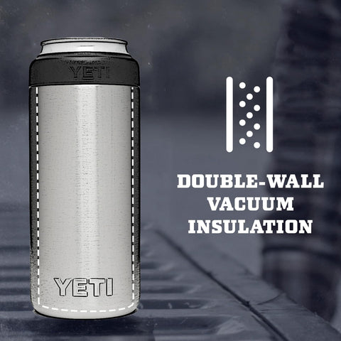 YETI Rambler Slim Colster Rescue Red on the beach with cold slim cans