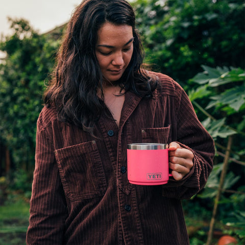 YETI Rambler 14 oz mug with Duracoat finish in tropical pink resists fading.
