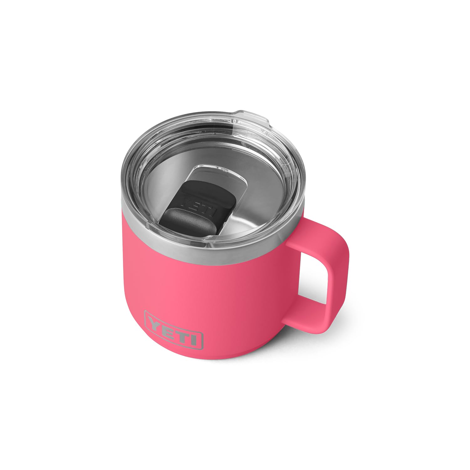 YETI Rambler 14 oz mug front view in tropical pink, durable insulation for hot drinks.