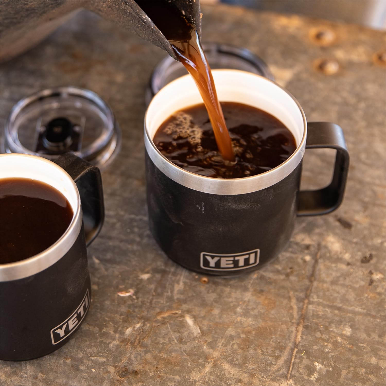 YETI Rambler 14 oz mug in black finish—classic, rugged, and easy to stack