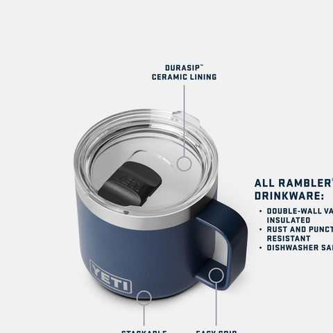 YETI Rambler 14oz ceramic-lined mug showing stackable design for camping.