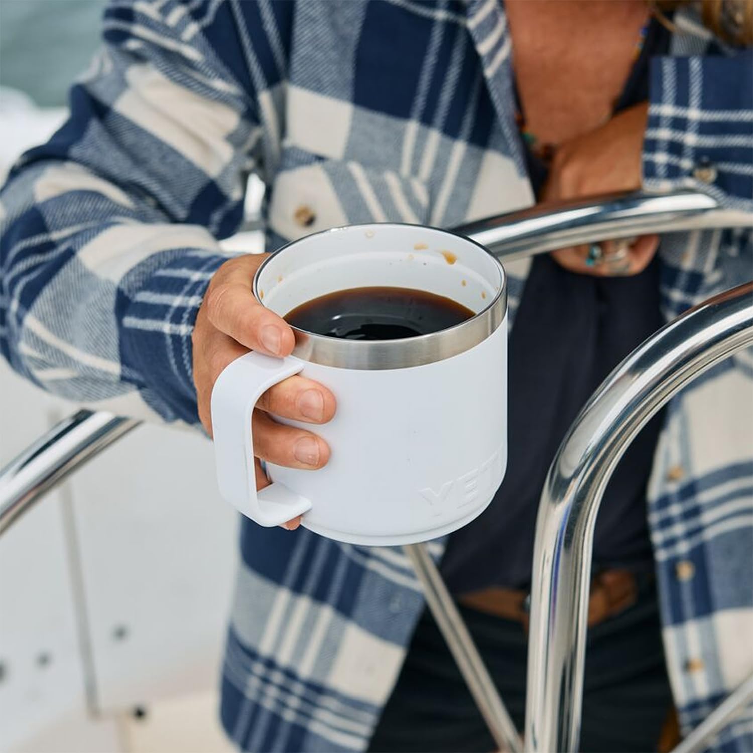 YETI Rambler 14oz dishwasher-safe mug for easy cleaning.